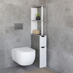 Meuble WC étagère WILLY bois gain de place pour toilette 2 portes blanc et effet béton