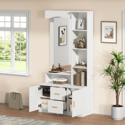 Meubles d'entrée - Vestiaire avec Miroir et Rangement Multifonction, 2 Tiroirs, 2 Portes et Étagères, MDF, Blanc, 90x40x180 cm