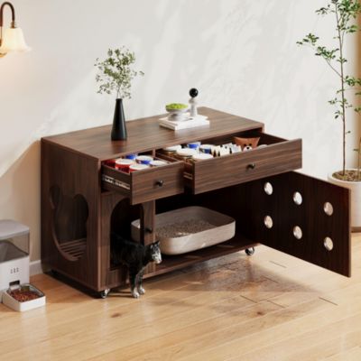 Meubles pour Animaux - Armoire Litière Chat Fermée avec Plateau Amovible et Roulettes, Design Anti-Odeur, MDF Noyer, 100x45x66 cm