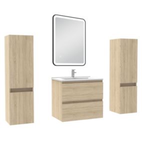 Meubles Salle de Bain 60cm avec colonne + miroir lumineux 3 couleurs Chêne Wotan