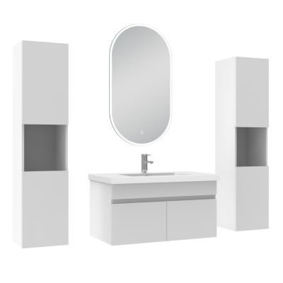 Meubles simple vasque 80cm colonne + vasque + miroir lumineux Blanc