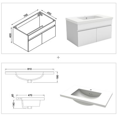 Meubles simple vasque 80cm colonne + vasque + miroir lumineux Blanc