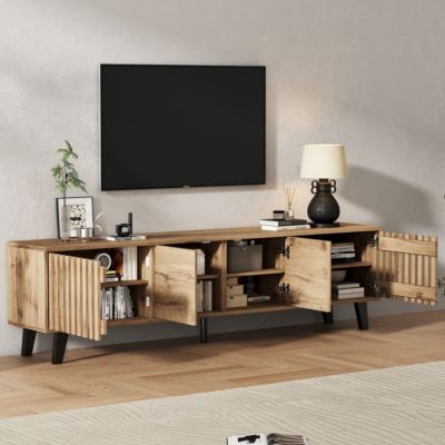 Meubles TV - Meubles de Salon avec 8 Compartiments de Rangement, Bois Naturel et Pieds Noirs, 180x40x55 cm