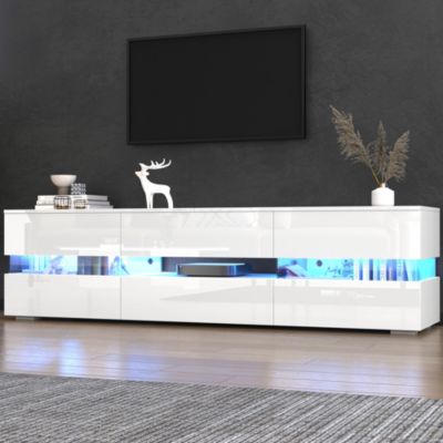 Meubles TV - Meubles de Salon avec LED, 2 Portes et 1 Tiroir, Panneaux en Acrylique, Finition Haute Brillance, Blanc, 160x39x45 cm
