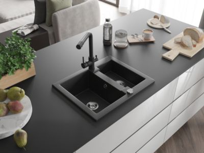 Mexen Carlos évier en granit 1,5 cuves avec robinet de cuisine Duero, noir/métallique argenté - 6518-73-671600-70