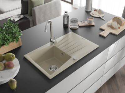 Mexen Cesar évier en granit à 1 bac avec égouttoir 775 x 470 mm, beige, siphon chromé - 6514771010-69