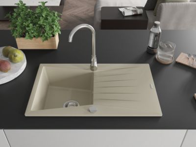 Mexen Cesar évier en granit à 1 bac avec égouttoir 775 x 470 mm, beige, siphon chromé - 6514771010-69