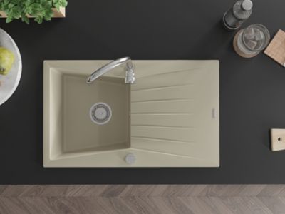 Mexen Cesar évier en granit à 1 bac avec égouttoir 775 x 470 mm, beige, siphon chromé - 6514771010-69
