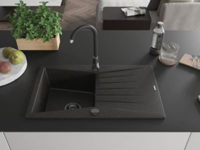 Mexen Cesar évier en granit 1 bac avec égouttoir 775 x 470 mm, noir/doré métallisé, siphon noir - 6514771010-75-B