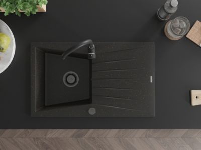 Mexen Cesar évier en granit 1 bac avec égouttoir 775 x 470 mm, noir/doré métallisé, siphon noir - 6514771010-75-B
