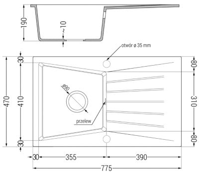 Mexen Cesar évier en granit 1 bac avec égouttoir 775 x 470 mm, noir/doré métallisé, siphon noir - 6514771010-75-B
