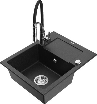 Mexen Enzo évier en granit 1 bac avec égouttoir et robinet de cuisine Aster, noir/argent métallisé - 6506-73-73450-07