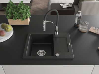 Mexen Enzo évier en granit 1 bac avec égouttoir et robinet de cuisine Aster, noir/argent métallisé - 6506-73-73450-07