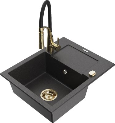 Mexen Enzo évier en granit 1 bac avec égouttoir et robinet de cuisine Aster, noir moucheté - 6506-76-73450-57-G