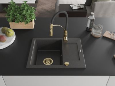 Mexen Enzo évier en granit 1 bac avec égouttoir et robinet de cuisine Aster, noir moucheté - 6506-76-73450-57-G