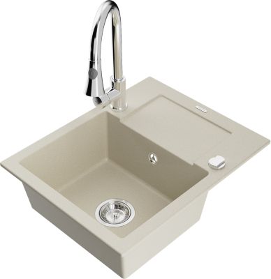 Mexen Enzo évier en granit 1 bac avec égouttoir et robinet de cuisine Elia, beige - 6506-69-670101-00