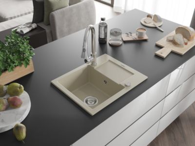 Mexen Enzo évier en granit 1 bac avec égouttoir et robinet de cuisine Elia, beige - 6506-69-670101-00