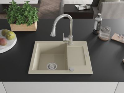 Mexen Enzo évier en granit 1 bac avec égouttoir et robinet de cuisine Elia, beige - 6506-69-670101-00