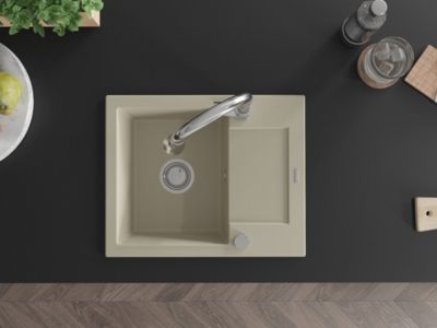 Mexen Enzo évier en granit 1 bac avec égouttoir et robinet de cuisine Elia, beige - 6506-69-670101-00