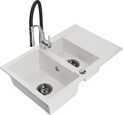 Mexen Gaspar évier en granit 1,5 bac avec égouttoir et robinet de cuisine Aster, blanc - 6507-20-73450-07-B