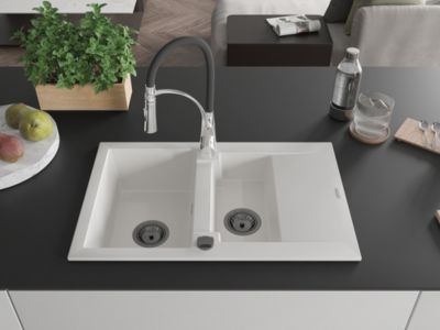 Mexen Gaspar évier en granit 1,5 bac avec égouttoir et robinet de cuisine Aster, blanc - 6507-20-73450-07-B