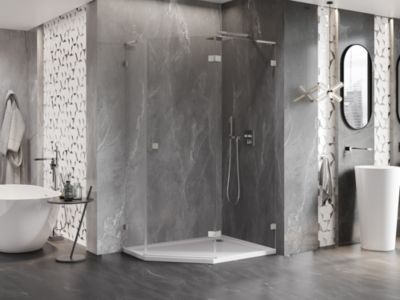Mexen Lunar L cabine de douche pentagonale pivotante droite 90 x 80 cm, transparent, nickel brossé - 831L-090P-080L-97-00-P