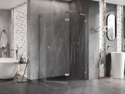 Mexen Lunar L cabine de douche pentagonale pivotante droite 90 x 80 cm, transparent, nickel brossé - 831L-090P-080L-97-00-P