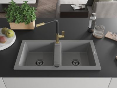 Mexen Mario évier en granit à 2 bacs avec robinet de cuisine Flora, gris - 6504-71-670401-57-B