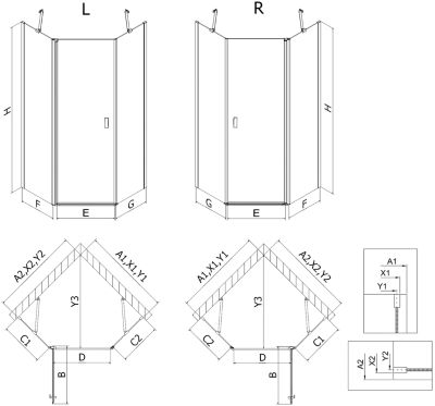 Mexen Mist cabine de douche pentagonale asymétrique pivotante 100 x 80 cm, transparent, doré - 8A8-100-080-50-00
