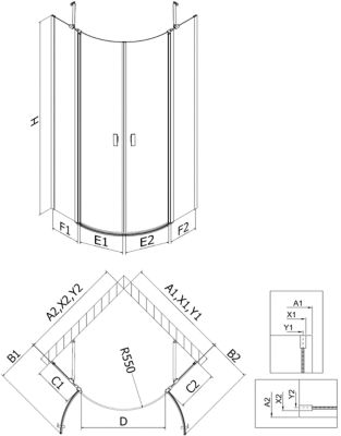 Mexen Mist cabine de douche semi-circulaire pivotante 80 x 80 cm, transparente, or - 8A32-080-080-50-00