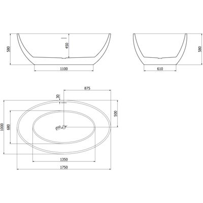 Mexen Nike baignoire autoportante 175 x 100 cm, blanc/noir, trop-plein gris canon brossé - 54071751075-66