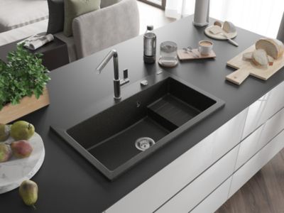 Mexen Omar évier en granit 1 cuve 800 x 480 mm, noir/or métallique, siphon chromé - 6520801005-75