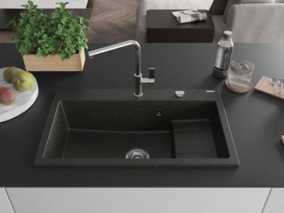 Mexen Omar évier en granit 1 cuve 800 x 480 mm, noir/or métallique, siphon chromé - 6520801005-75