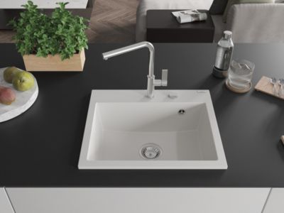 Mexen Oscar évier en granit 1 bac 580 x 490 mm, blanc, siphon chromé - 6519581000-20