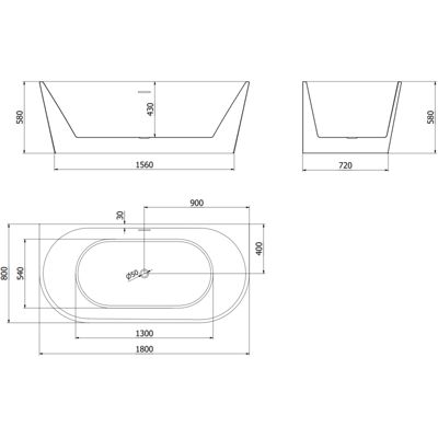 Mexen Oval baignoire autoportante adossée 180 x 80 cm, blanc/noir, trop-plein doré - 52671808075-50