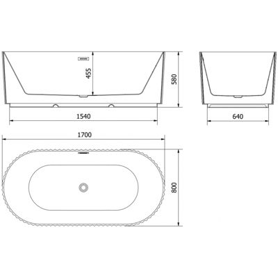 Mexen Paola baignoire îlot rainurée 170 x 80 cm, blanc mat, trop-plein noir - 52721708001-70