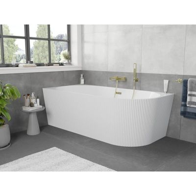 Mexen Silo baignoire autoportante d'angle gauche rainurée 150 x 75 cm, blanche, trop-plein doré - 52891507500L-50