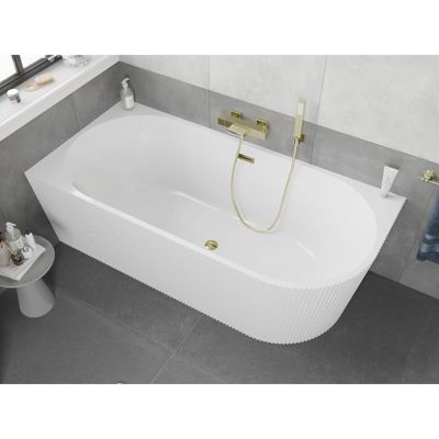 Mexen Silo baignoire autoportante d'angle gauche rainurée 150 x 75 cm, blanche, trop-plein doré - 52891507500L-50