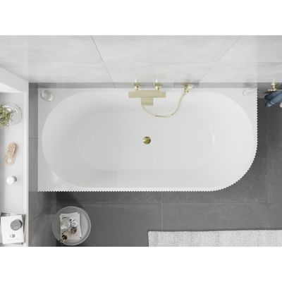 Mexen Silo baignoire autoportante d'angle gauche rainurée 150 x 75 cm, blanche, trop-plein doré - 52891507500L-50