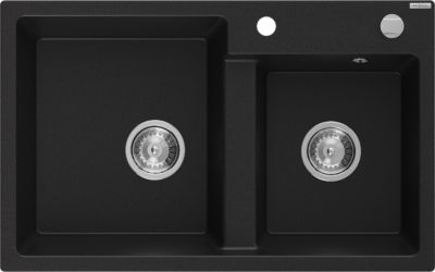 Mexen Tomas évier de cuisine en granit à 2 bacs 800 x 500 mm, noir, siphon chromé - 6516802000-77