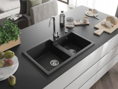 Mexen Tomas évier de cuisine en granit à 2 bacs 800 x 500 mm, noir, siphon chromé - 6516802000-77