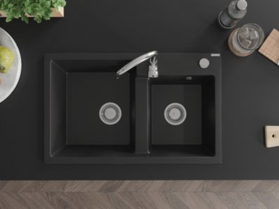 Mexen Tomas évier de cuisine en granit à 2 bacs 800 x 500 mm, noir, siphon chromé - 6516802000-77