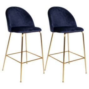 MEYRIN - Lot de 2 Chaises Hautes Velours Bleu et Pieds Métal Doré