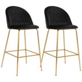 MEYRIN - Lot de 2 Chaises Hautes Velours Noir et Pieds Métal Doré