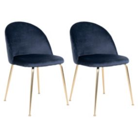 MEYRIN - Lot de 2 Chaises Velours Bleu et Pieds Métal Doré