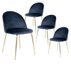 MEYRIN - Lot de 4 Chaises Velours Bleu et Pieds Métal Doré