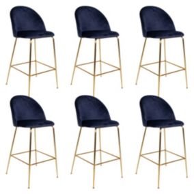 MEYRIN - Lot de 6 Chaises Hautes Velours Bleu et Pieds Métal Doré