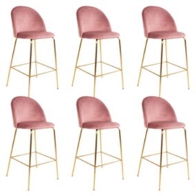 MEYRIN - Lot de 6 Chaises Hautes Velours Rose et Pieds Métal Doré