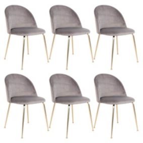 MEYRIN - Lot de 6 Chaises Velours Gris et Pieds Métal Doré