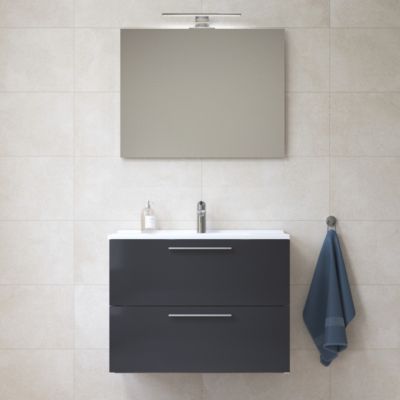 Mia ensemble meuble 79x61x39,5 cm avec miroir, lavabo et éclairage LED, Anthracite brillant (MIASET80A)
